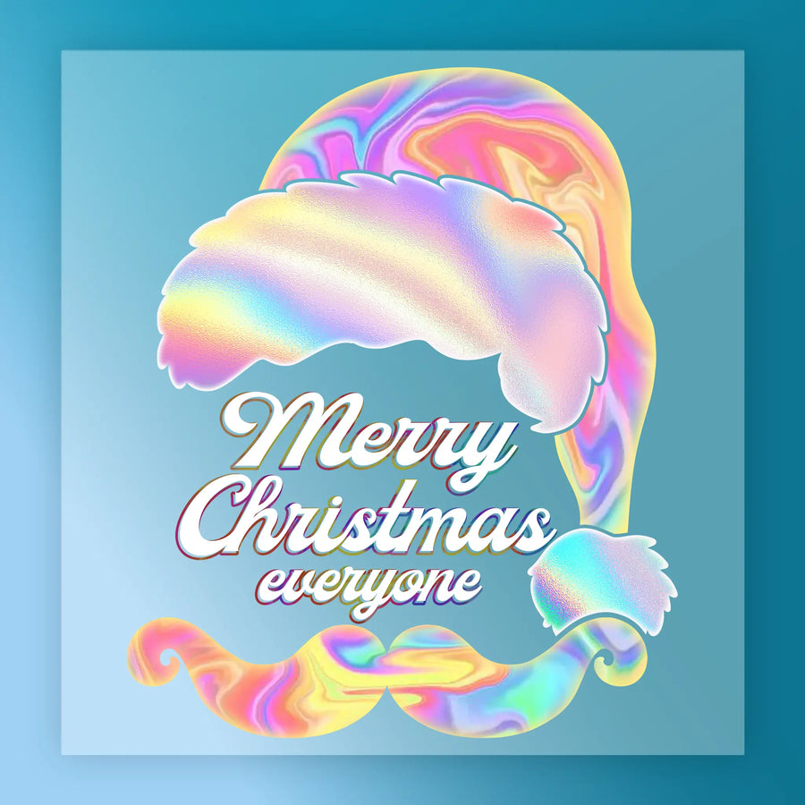 Add festive flair to your DTF projects with InkMerge's Retro Merry Christmas transfer, featuring an iridescent holographic Santa hat and mustache plus a white "Merry Christmas everyone" script on blue.