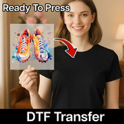A woman holding up a transparent image of colorful sneakers, with a red arrow pointing to her chest.