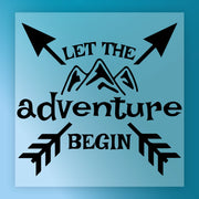 The InkMerge Let The Adventure Begin Mountain Design features a blue square with black arrows, mountain illustrations, and bold text—perfect as a DTF transfer for your next heat press project.