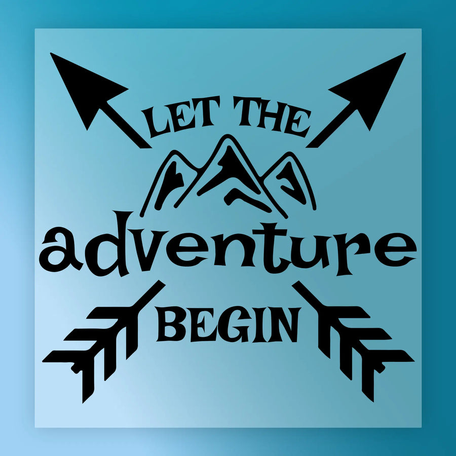 The InkMerge Let The Adventure Begin Mountain Design features a blue square with black arrows, mountain illustrations, and bold text—perfect as a DTF transfer for your next heat press project.