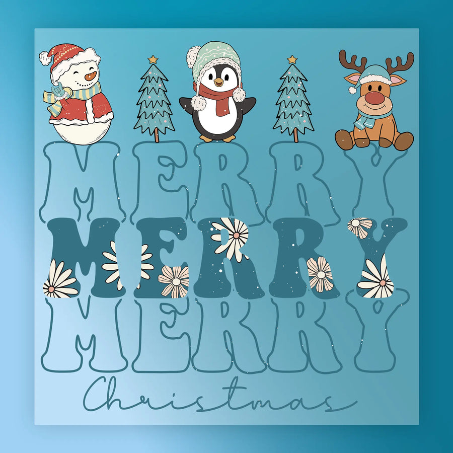 The InkMerge Merry Christmas Cartoon Design DTF transfer features a snowman, penguin, and reindeer in winter hats above bold MERRY text, accented with flowers and Christmas trees, plus "Merry Christmas DTF transfer" below.