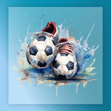 a pair of soccer shoes with a white and blue pattern, standing on a blue background with splashes of color.
