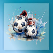 a pair of soccer shoes with a white and blue pattern, standing on a blue background with splashes of color.