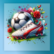 A soccer ball surrounded by flowers and a red and white cleat, all set against a blue background with splashes of color.