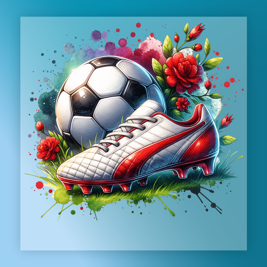 A soccer ball surrounded by flowers and a red and white cleat, all set against a blue background with splashes of color.