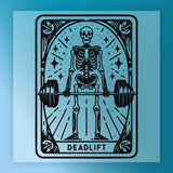 A skeleton lifting a barbell, surrounded by stars and a decorative border, with the word "DEADLIFT" prominently displayed.