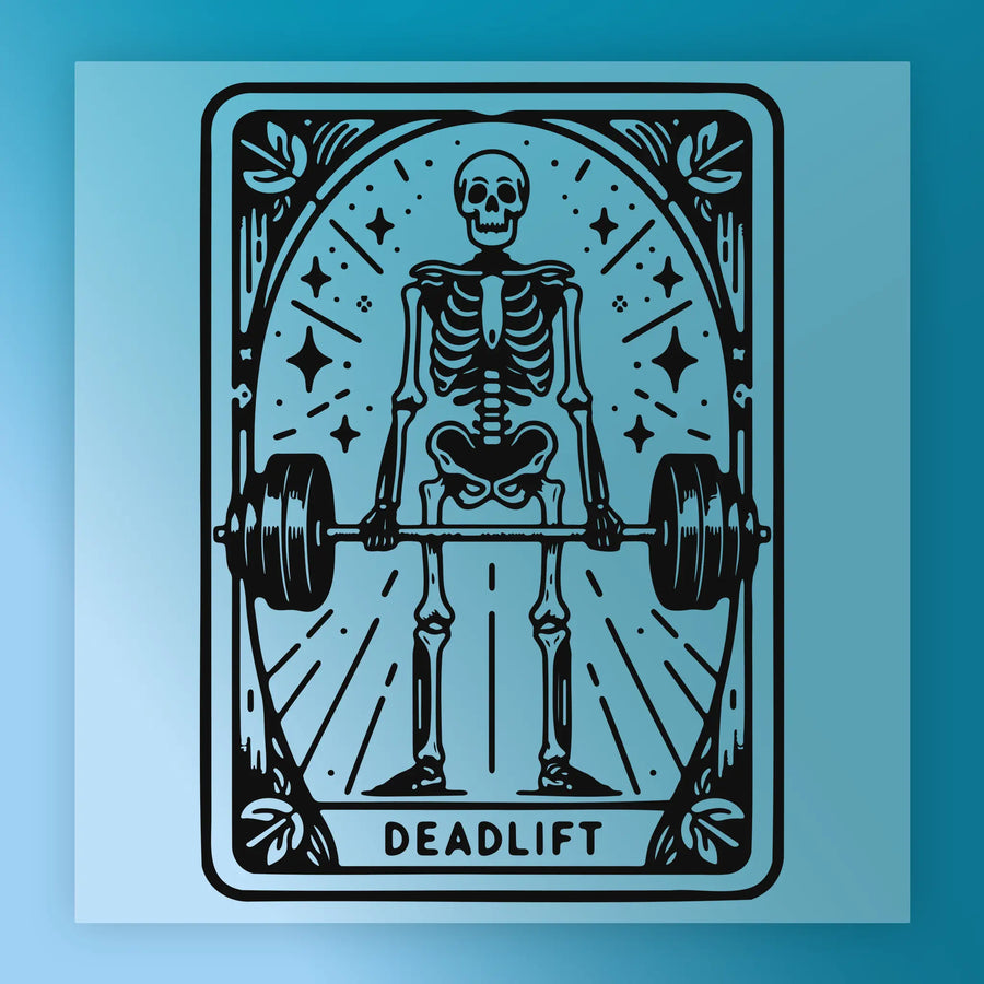 A skeleton lifting a barbell, surrounded by stars and a decorative border, with the word "DEADLIFT" prominently displayed.