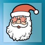 Cartoon Santa Claus with a red hat, white beard, and InkMerge’s Funny Santa Star Sunglasses grins against a blue gradient—ideal DTF transfer design for the holidays.