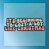 InkMerge’s “It’s Beginning To Cost A Lot Like Christmas” features pastel bubble letters on a blue background—perfect for holiday garment decoration or as a festive DTF transfer for your next project.
