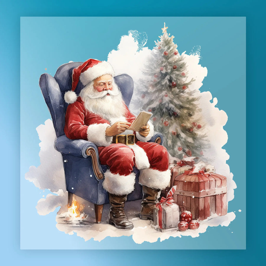 InkMerge’s "Traditional Santa Claus with Christmas Tree" features Santa in a blue armchair by the tree, reading a letter, surrounded by gifts and ornaments—set against a wintry blue backdrop, ideal for festive DTF transfer designs.
