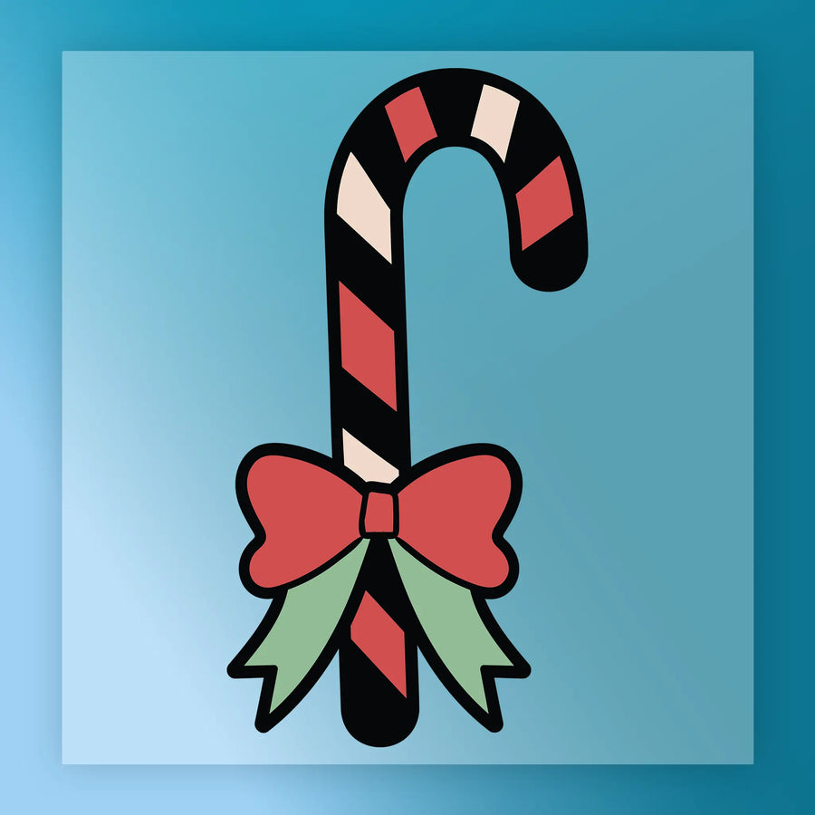 The Candy Cane Christmas Design by InkMerge features a red and white striped candy cane with a red bow and green ribbon on a blue background—ideal for custom apparel or festive DTF transfers.