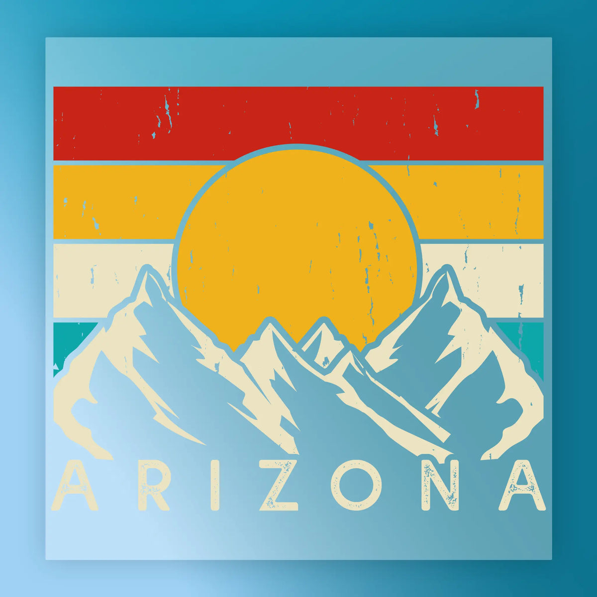 The Abstract Sunset Over Mountains Design by InkMerge shows snow-capped peaks beneath a vibrant striped sky and bold "ARIZONA" text—ideal for DTF or heat press transfer projects.