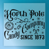 The InkMerge North Pole Candy Company Design - Heat Press Ready features ornate black text on light blue, snowflakes, candy canes, and a Santa-approved seal—ideal for DTF transfers with your heat press.