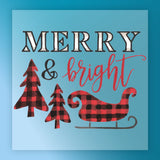 InkMerge’s "Merry & Bright Buffalo Plaid Christmas" card features festive text, two plaid trees, and a sleigh on a light blue background—ideal for your next heat press or DTF transfer project.