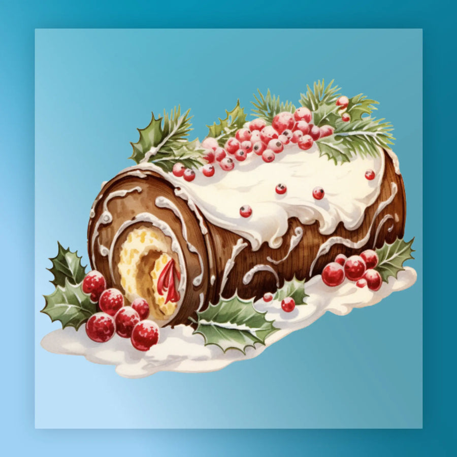 InkMerge's Yule Log Cake Art features a festive cake with white icing, holly leaves, and red berries on a light blue background—ideal for custom apparel or DTF transfers.