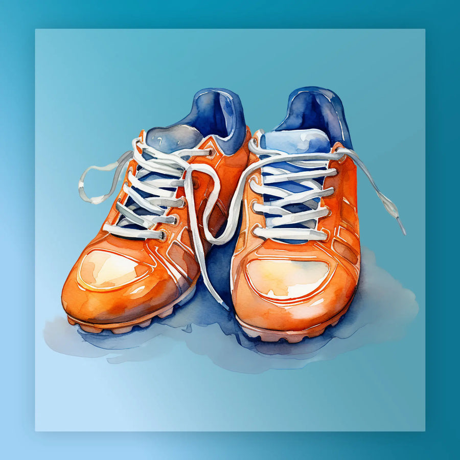 A pair of orange and blue athletic shoes with white laces, set against a blue background.