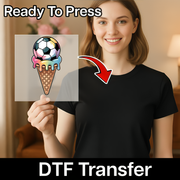 A smiling woman holding a sign with a soccer ball and ice cream on it, with a red arrow pointing to the sign.