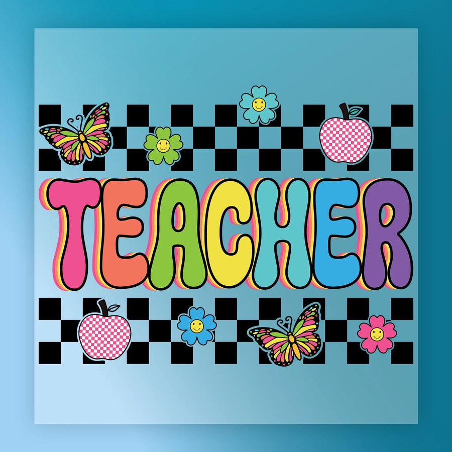The image is a colorful and playful graphic design featuring the word "TEACHER" surrounded by various whimsical elements such as butterflies, flowers, and apples, all set against a checkered background.