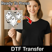 A woman is holding up a clear sheet with a Halloween-themed ghost illustration on it, and there is a red arrow pointing to the illustration.