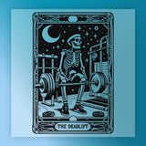 a skeleton lifting weights, with a crescent moon and stars in the background.