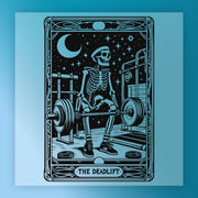 a skeleton lifting weights, with a crescent moon and stars in the background.