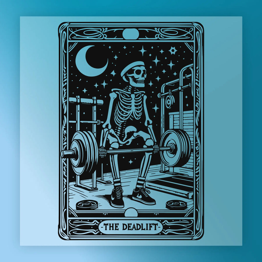 a skeleton lifting weights, with a crescent moon and stars in the background.