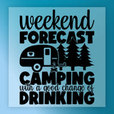 InkMerge’s "Weekend Forecast Camping With Drinking" features black silhouettes of a camper, campfire, and pine trees with the quote—perfect for camping shirts using heat press or DTF transfer on a blue background.