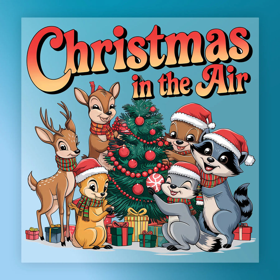 InkMerge's "Christmas In The Air Cartoon Animals" features cute animals in scarves and Santa hats decorating a tree, with the text "Christmas in the Air" above on blue—perfect for custom apparel or DTF transfer projects.