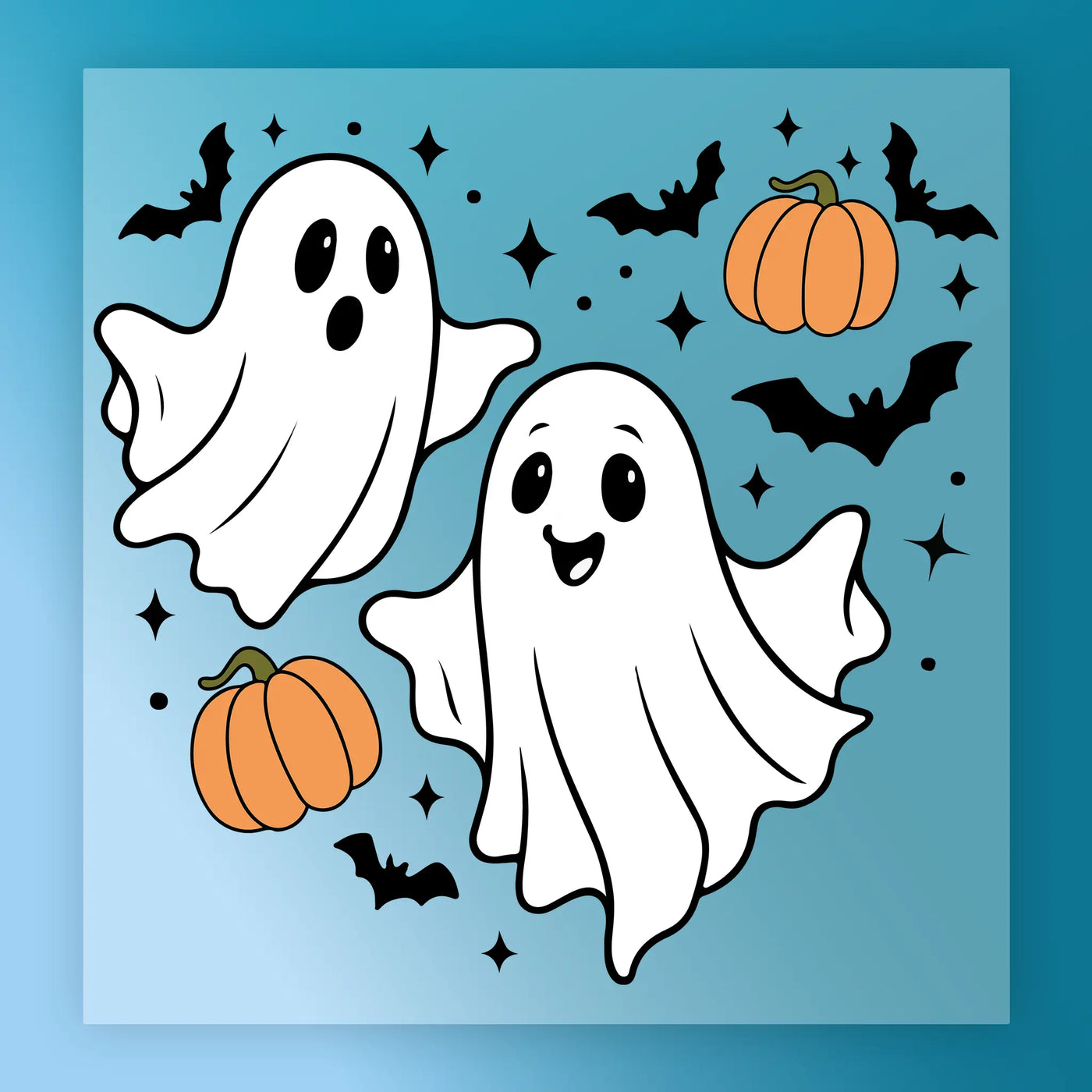 two ghostly white figures with black eyes and noses, surrounded by bats and pumpkins, creating a spooky Halloween scene.