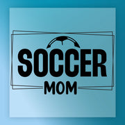 a logo for a soccer mom, with the text "SOCCER MOM" prominently displayed.