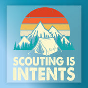 The InkMerge Retro Mountain Landscape with Sunset DTF transfer features mountains, trees, tents, and "Scouting Is Intents" in bold distressed text—ideal for custom apparel or as a unique transfer design.