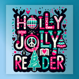 The Holly Jolly Reader Design by InkMerge features colorful festive text and holiday-themed decorations—trees, peace sign, stockings, disco ball, antlers, stars, and hearts—perfect for your next holiday heat press on a blue background.