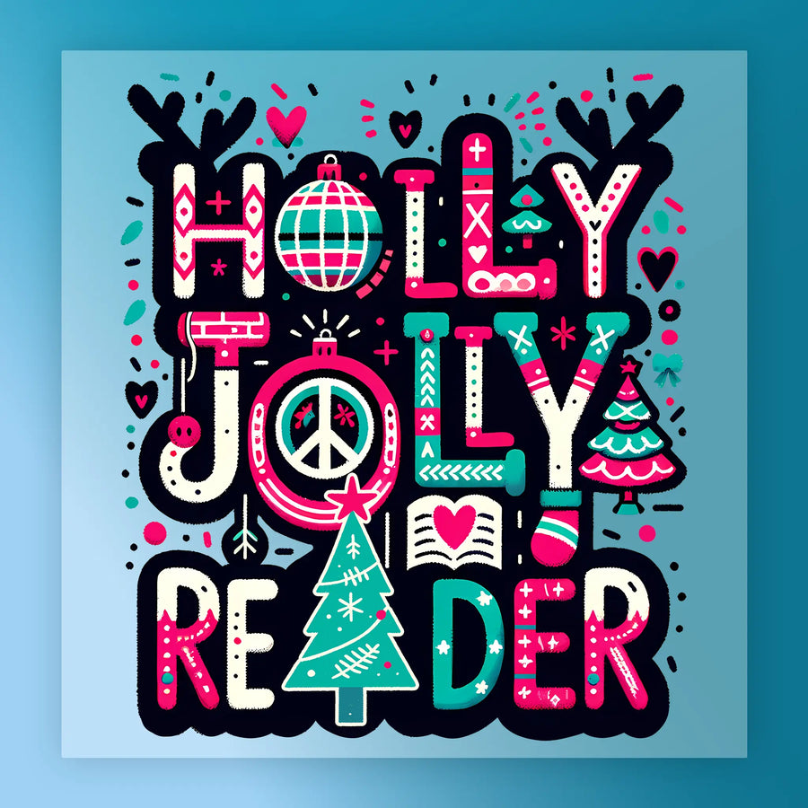 The Holly Jolly Reader Design by InkMerge features colorful festive text and holiday-themed decorations—trees, peace sign, stockings, disco ball, antlers, stars, and hearts—perfect for your next holiday heat press on a blue background.