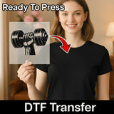 A smiling woman holding a sign with a hand holding a dumbbell, and there is a text overlay that says "Ready To Press" and "DTF Transfer".