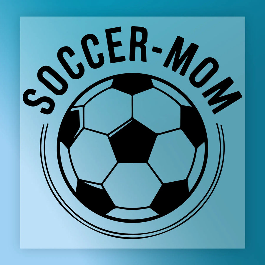 a soccer ball with the text "SOCCER-MOM" written around it.