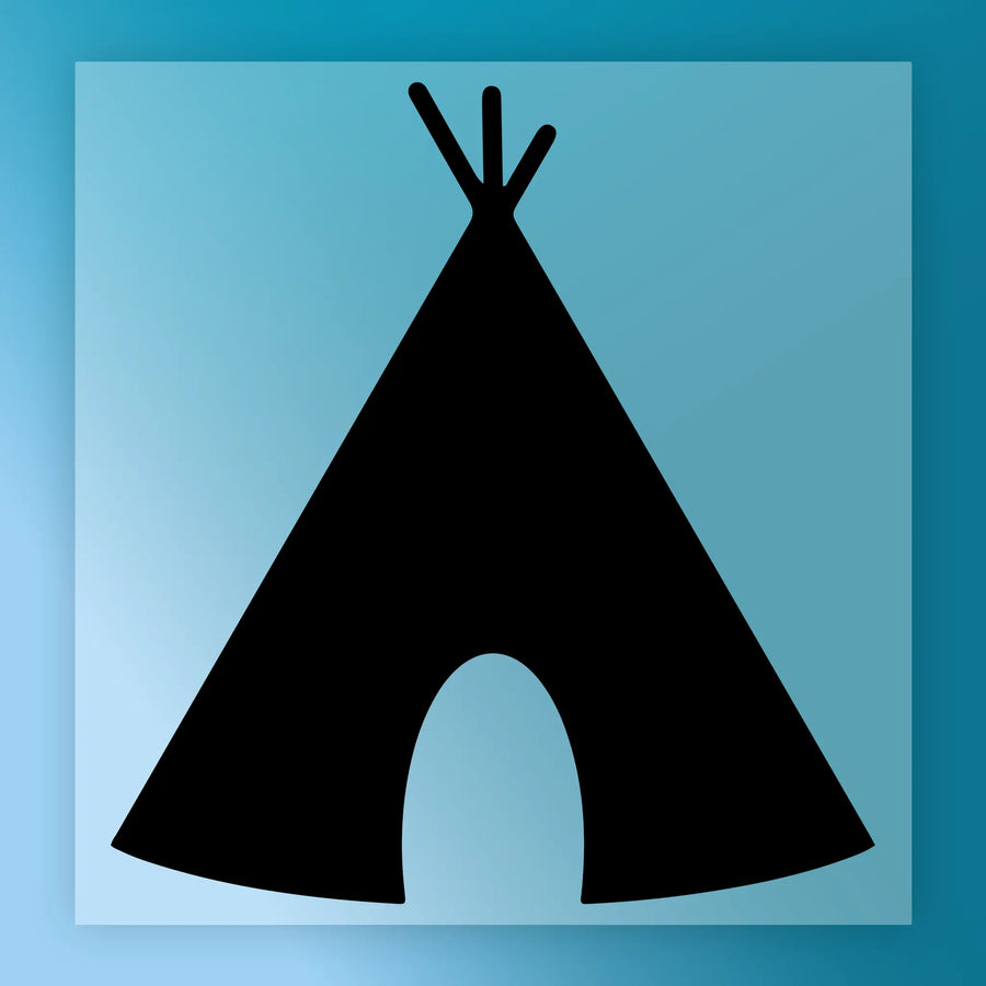 A simple black silhouette of a teepee against a blue background.