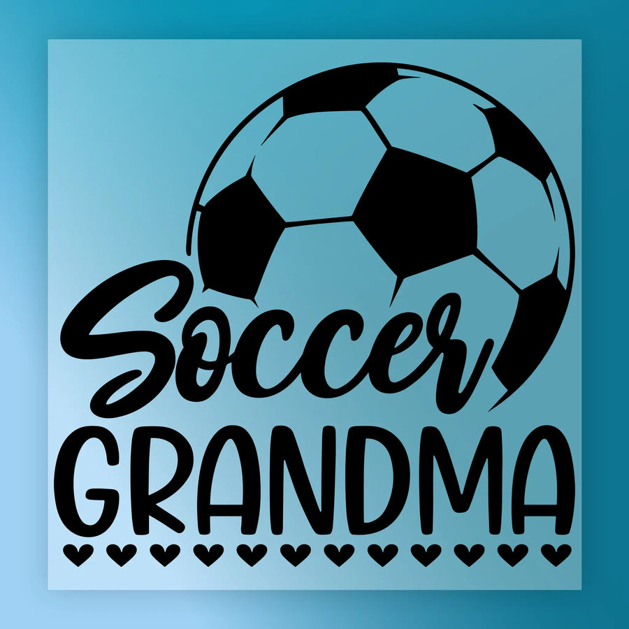 a soccer ball and the text "Soccer Grandma" with hearts below the text.