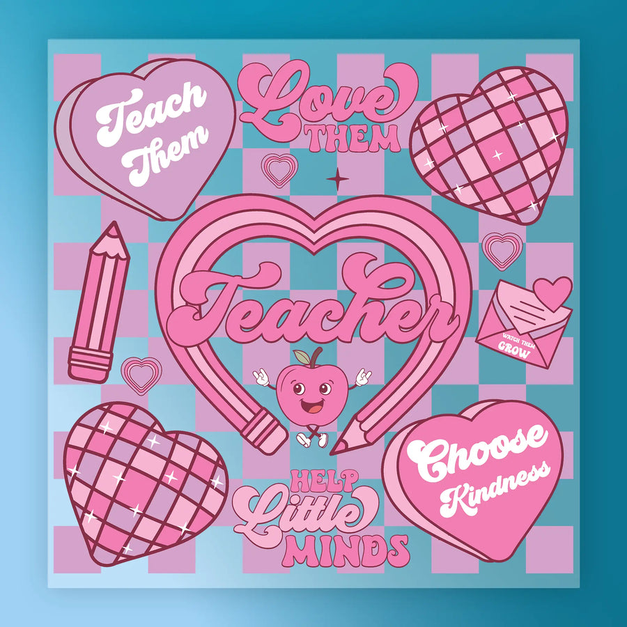 The image is a vibrant and playful collage featuring various heart-shaped icons, a pencil, and a heart-shaped apple, all set against a checkered background. The collage is filled with cheerful and uplifting text, including phrases like "Teach Them", "Love Them", "Teacher", "Help Little Minds", and "Choose Kindness".