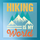 The "Take a Hike Retro Mountain Design" by InkMerge features stylized mountains, trees, and “Hiking is my World” in yellow, white, and orange on blue—ideal for heat press transfers.