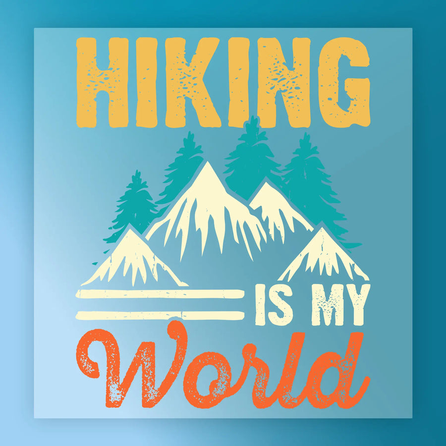 The "Take a Hike Retro Mountain Design" by InkMerge features stylized mountains, trees, and “Hiking is my World” in yellow, white, and orange on blue—ideal for heat press transfers.
