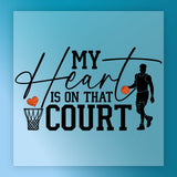 a basketball player holding a basketball and standing next to a basketball hoop, with the text "MY HEART IS ON THAT COU" written above the image.