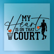 a basketball player holding a basketball and standing next to a basketball hoop, with the text "MY HEART IS ON THAT COU" written above the image.