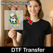 A woman holding a piece of paper with a soccer ball and orange shoes printed on it, with a red arrow pointing to her chest.