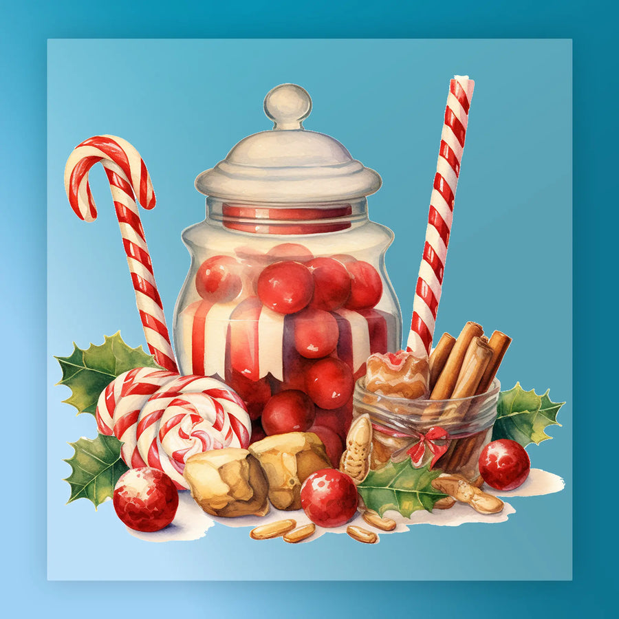 The Festive Holiday Candy Scene by InkMerge features a glass jar of red candies with candy canes, holiday treats, cinnamon sticks, nuts, holly leaves, and red ornaments on a blue background—ideal for custom DTF or heat press apparel designs.