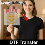 A woman in a black shirt holds an InkMerge "It's Fall Y'all Pumpkin Graphic" DTF transfer sheet. A red arrow points from the transfer to her shirt. Ready To Press—perfect for your next fall or Halloween shirt!.