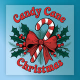 The Candy Cane Christmas Design by InkMerge features a red and white candy cane with a big red bow, holly leaves, and berries on a blue background, with "Candy Cane Christmas" in red—ideal for your holiday heat press projects.