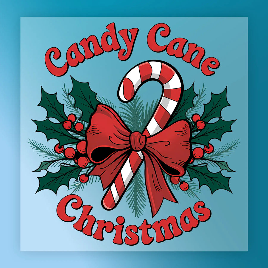 The Candy Cane Christmas Design by InkMerge features a red and white candy cane with a big red bow, holly leaves, and berries on a blue background, with "Candy Cane Christmas" in red—ideal for your holiday heat press projects.