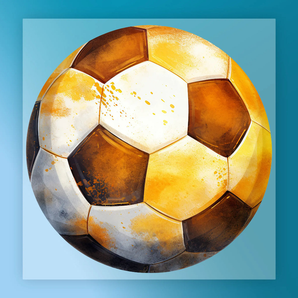 A colorful, abstract soccer ball with a mix of yellow, orange, and brown colors, with some areas appearing dirty or stained.