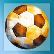 A colorful, abstract soccer ball with a mix of yellow, orange, and brown colors, with some areas appearing dirty or stained.