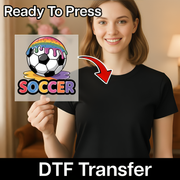 A smiling woman holding a sign with a colorful soccer ball graphic and the word "SOCCER" written on it.